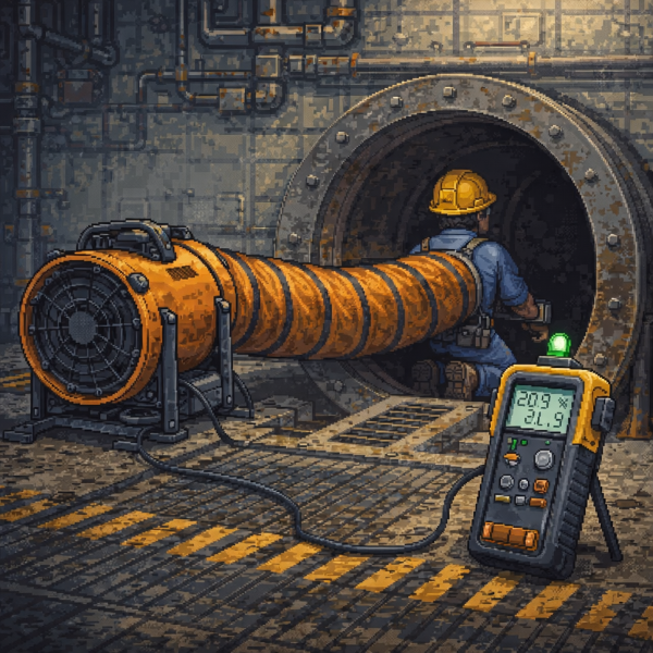 Confined space entry with visible ventilation setup and air monitoring equipment