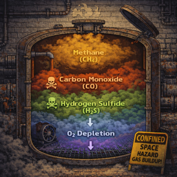 Diagram-style illustration of gas buildup in a confined space
