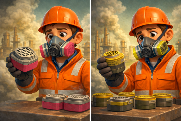 Worker comparing particulate filter and gas vapor cartridge for respirator protection