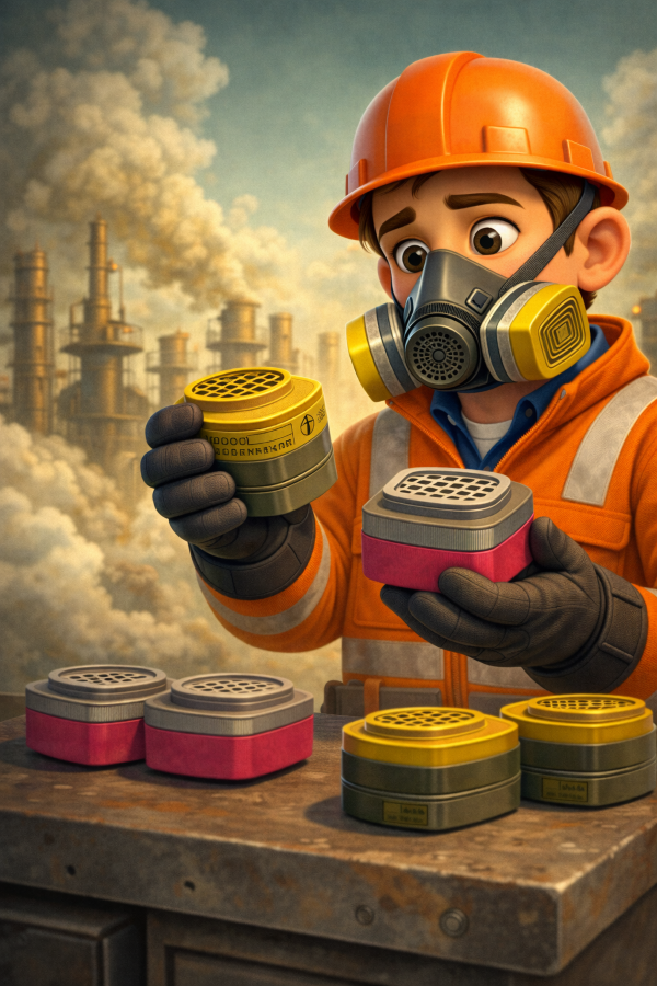 Worker examining gas and vapor respirator cartridges in an industrial environment