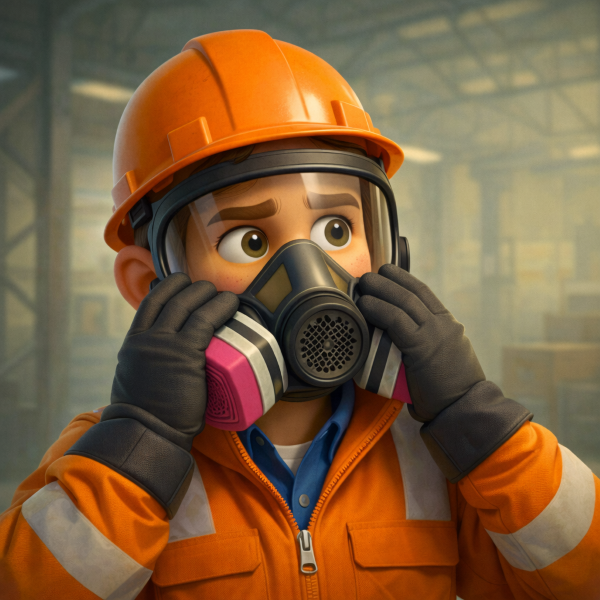 worker performing a respirator seal check to ensure proper fit