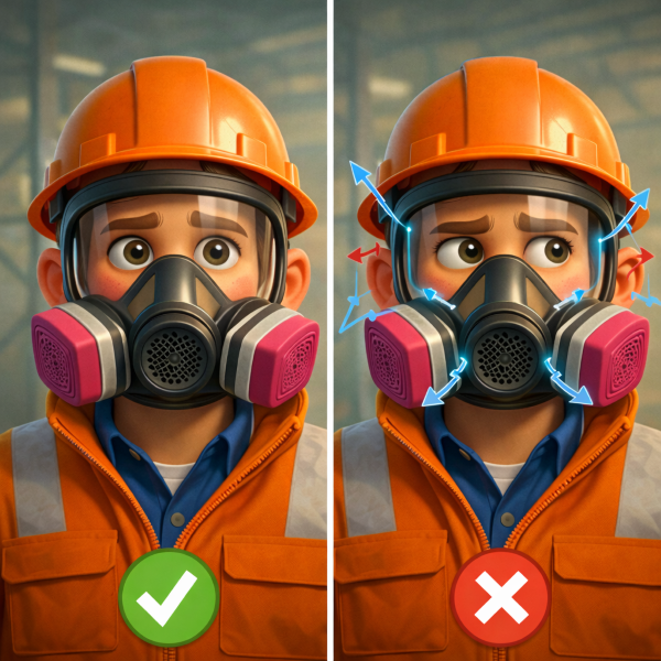 comparing a properly fitted respirator with a poor seal allowing air leaks around the mask