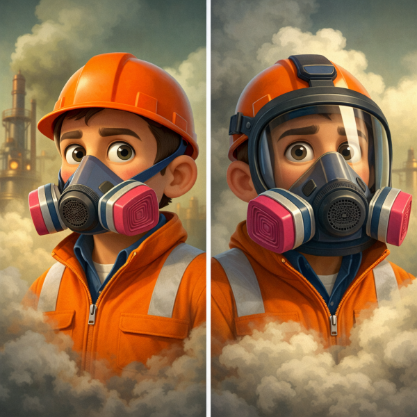 Worker wearing the correct respirator for protection against industrial fumes