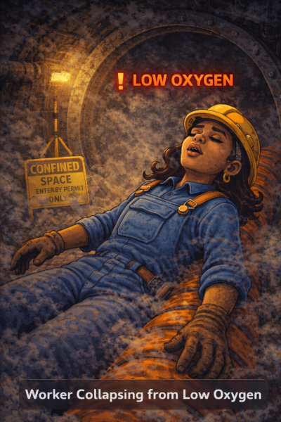 Worker collapsing risk illustration due to low oxygen