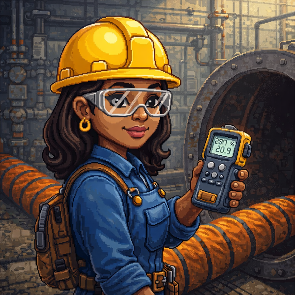 Worker preparing to enter a confined space while checking air conditions with a gas monitor