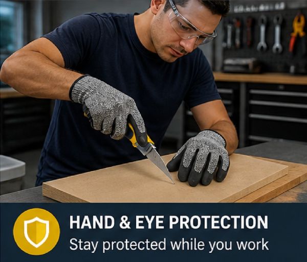 DIY worker wearing cut-resistant gloves and safety glasses while cutting materials in garage workshop