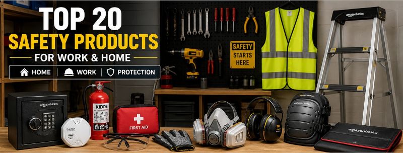 Organized home workshop with multiple safety products including respirator, gloves, safety vest, and fire extinguisher in practical use