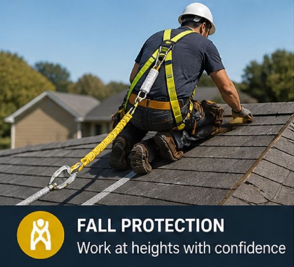 Worker using fall protection lifeline properly anchored on residential roof for safety