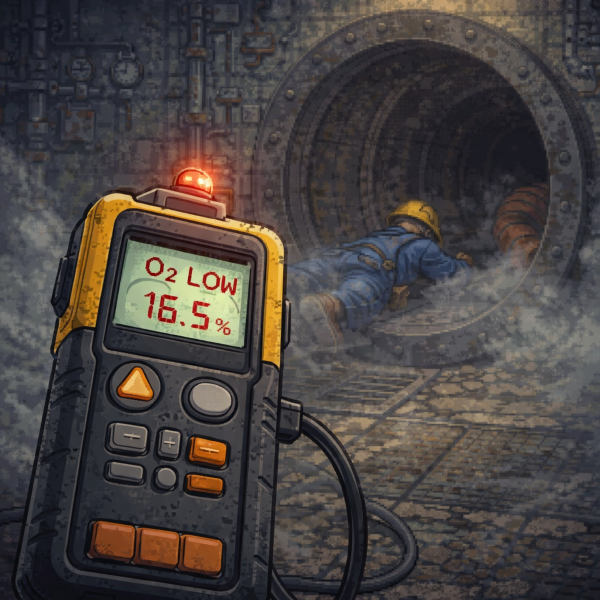 Gas monitor showing unsafe oxygen levels in a confined space environment