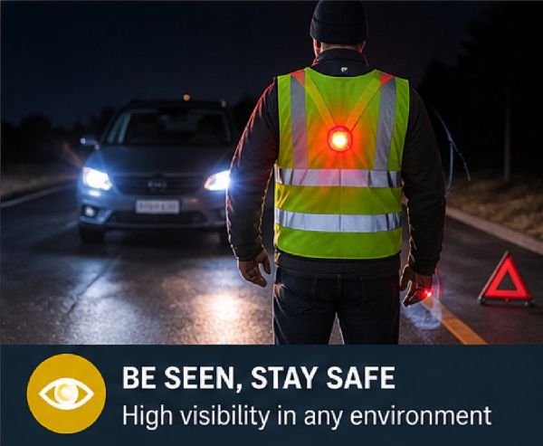Worker wearing high-visibility reflective vest and safety light during nighttime outdoor work