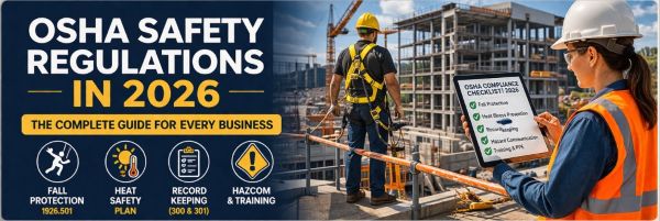 OSHA 2026 compliance overview showing fall protection, hazard communication, and workplace safety inspection in an industrial setting