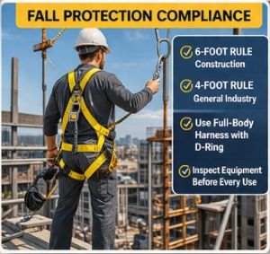 Construction worker using OSHA-compliant fall protection harness while working at height