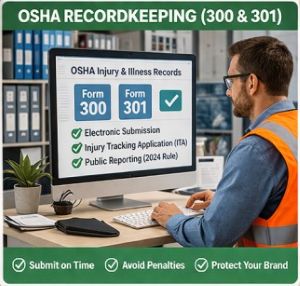 Safety manager reviewing OSHA electronic recordkeeping forms 300 and 301 for compliance reporting