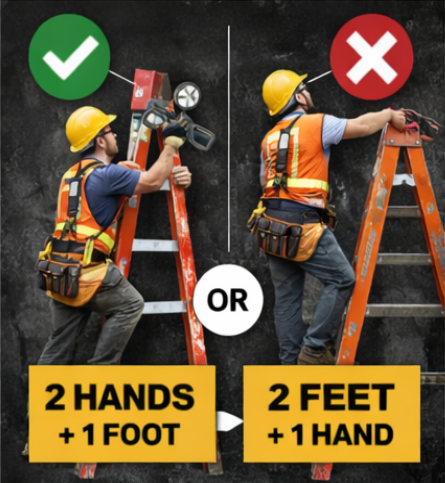 Infographic showing correct ladder climbing technique using three points of contact—two hands and one foot or two feet and one hand—for safer ladder use.