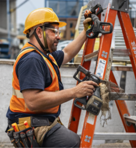 Worker making the #1 ladder safety mistake by not maintaining three points of contact while climbing an extension ladder with tools in one hand.