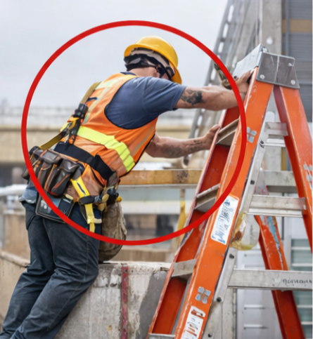 Worker overreaching past the ladder side rail and leaning too far while standing on a ladder, demonstrating an unsafe ladder safety mistake.