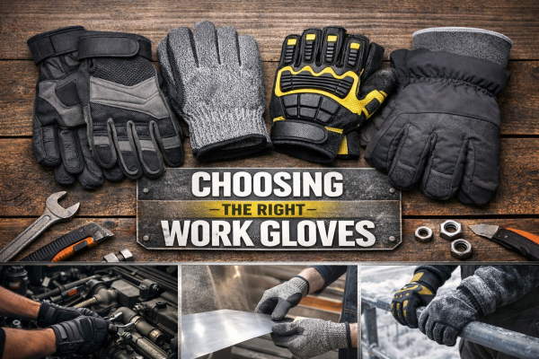 Four types of work gloves—mechanic, cut-resistant, impact-resistant, and insulated winter gloves—displayed on a wooden workbench with hand tools, showing how to match gloves to different job hazards.