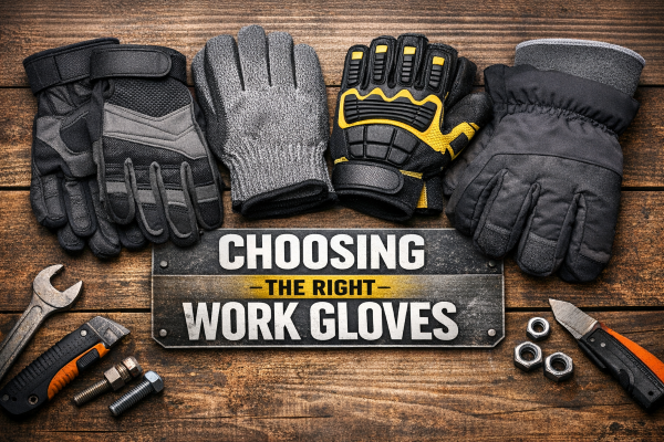 Four types of work gloves—mechanic, cut-resistant, impact-resistant, and insulated winter gloves—displayed on a wooden workbench with hand tools, highlighting glove selection for different job types.