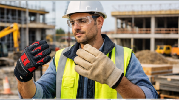 Worker comparing different safety gloves at a construction site to choose proper hand protection