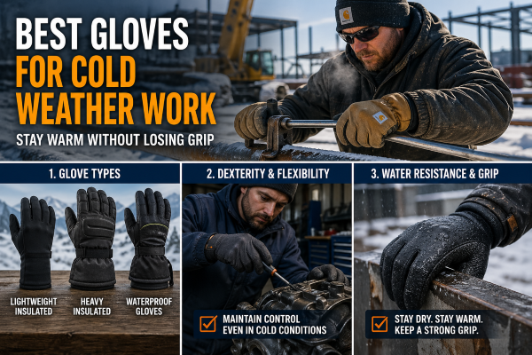 Worker using insulated gloves on a snowy construction site while handling tools in freezing weather.