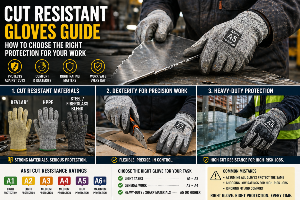Worker wearing cut-resistant gloves while handling sharp sheet metal safely in an industrial setting.