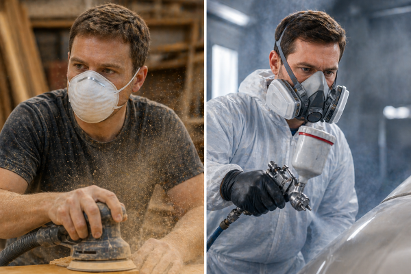 Comparison of dust mask and respirator showing difference in protection for hazardous environments.