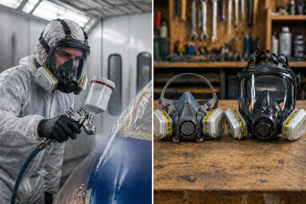 Half-face and full-face respirators displayed side by side showing design and protection differences.