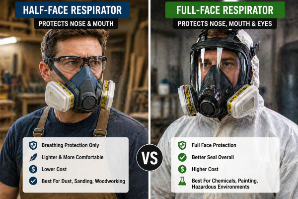 Comparison of half-face respirator and full-face respirator showing difference in facial protection coverage.