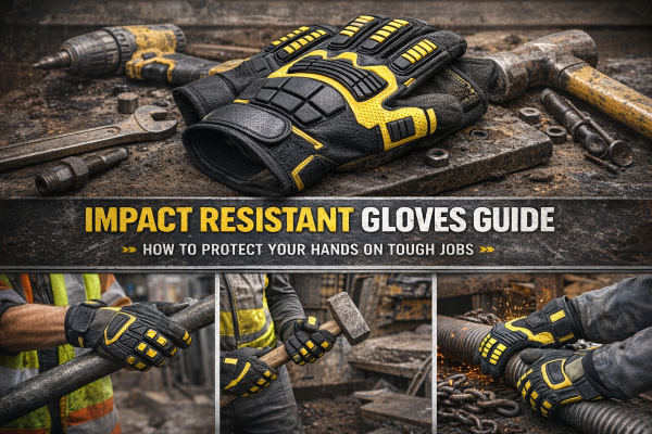 Rugged black-and-yellow impact resistant gloves placed on a dusty industrial workbench with tools, highlighting reinforced knuckle and back-of-hand protection for tough jobs.