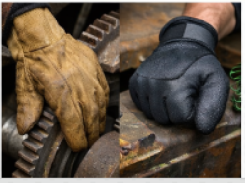 Comparison of poorly fitting work gloves showing safety hazards of loose and tight gloves