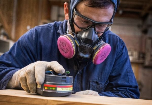 Worker sanding wood while wearing a half-face respirator with P100 filters for dust protection.