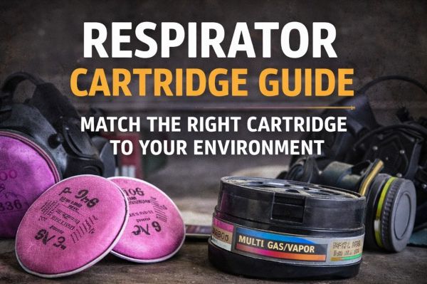P100 particulate filters and multi-gas cartridges displayed with a half-face respirator to illustrate proper cartridge selection.
