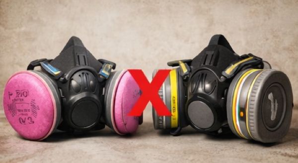 Side-by-side respirator cartridge comparison showing incorrect dust filter use for fumes versus correct combo cartridge.