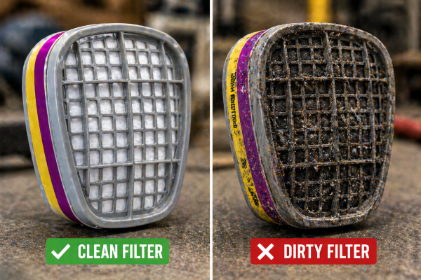 Clean and dirty respirator filters side by side showing when replacement is needed.