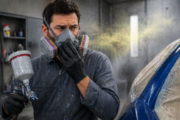 Worker noticing fumes while wearing respirator, signaling filter replacement is needed.