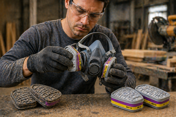 Worker replacing respirator filters in a dusty work environment to maintain proper protection.