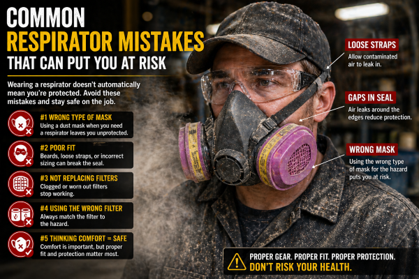 Worker wearing a poorly fitted respirator with gaps, exposing them to airborne hazards.