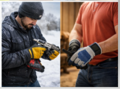 Seasonal work gloves showing insulated winter gloves and breathable summer gloves for safety