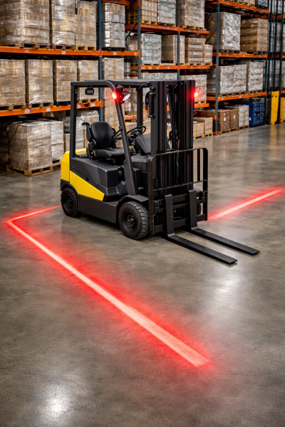 Forklift with red zone LED safety lights projecting a 3-foot halo for pedestrian protection.