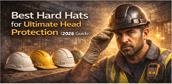 Construction worker wearing a hard hat in an industrial environment highlighting head protection and jobsite safety