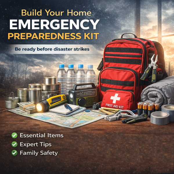 home emergency preparedness kit with essential survival supplies including water food first aid kit and tools