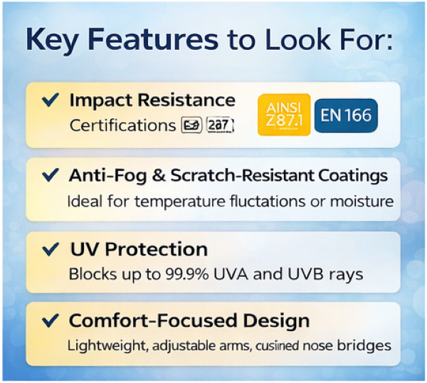 Key features of overspec safety glasses including impact resistance anti fog and UV protection