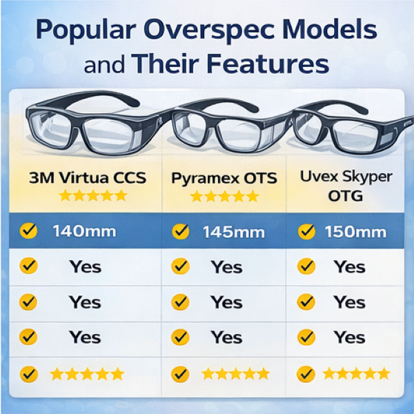 Overspec safety glasses sizing and popular models comparison for over glasses fit