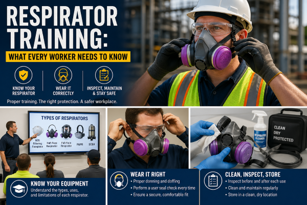 Worker properly adjusting a half-face respirator during safety training at an industrial job site.