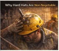 Worker on a construction site wearing a safety helmet to protect against falling debris and impact hazards
