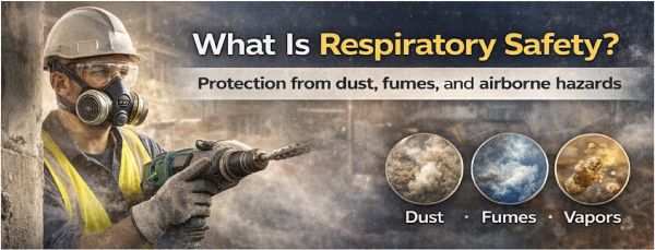 worker using respiratory protection equipment in dusty workplace environment