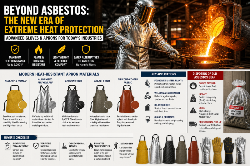 Industrial worker wearing aluminized heat-resistant apron and gloves handling molten metal in a high-temperature foundry environment.