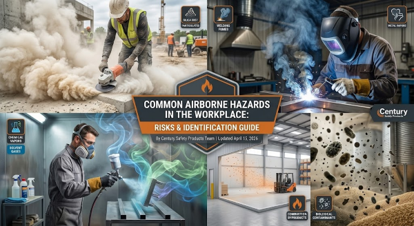 A gritty photo illustrating various common airborne hazards across different industries, including construction dust, welding fumes, chemical vapors, and particulate matter, highlighting the invisible threats in the workplace.