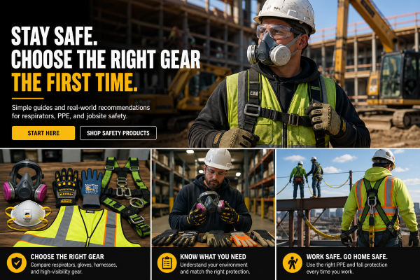 Construction worker wearing full PPE including respirator, gloves, hard hat, safety glasses, and high-visibility vest at an active jobsite.
