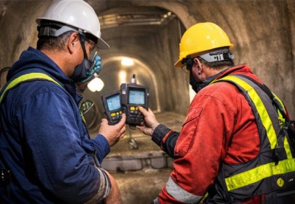 wo workers in PPE using a gas monitor to verify safe air quality inside a ventilated confined space.